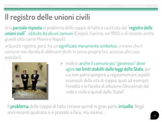 Il registro delle unioni civili
Una parziale risposta al problema delle coppie di fatto è costituita dal "registro delle
unioni civili" , istituito da alcuni comuni (Empoli, il primo, nel 1993, e di recente anche
grandi città come Milano e Napoli).
Questo registro, però, ha un significato meramente simbolico, a meno che il
comune non decida di abbinarvi diritti in senso proprio (es. accesso alle case
popolari).
                                      Inoltre, anche il comune più “generoso” deve
                                        agire nei limiti stabiliti dalle leggi dello Stato, per
                                        cui non potrà spingersi a regolamentare aspetti
                                        essenziali della vita di coppia, quali ad esempio
                                        l’eredità o la facoltà di adozione (disciplinati dal
                                        codice civile e quindi dallo Stato).


 Il problema delle coppie di fatto rimane quindi in gran parte irrisolto. Negli
 anni recenti qualcosa si è provato a fare, ma invano…
                                                                                                  4
 