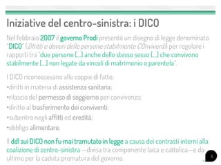 Iniziative del centro-sinistra: i DICO
Nel febbraio 2007 il governo Prodi presentò un disegno di legge denominato
“DICO” (DIritti e doveri delle persone stabilmente COnviventi) per regolare i
rapporti tra "due persone […] anche dello stesso sesso […] che convivono
stabilmente […] non legate da vincoli di matrimonio o parentela”.
I DICO riconoscevano alle coppie di fatto:
•diritti in materia di assistenza sanitaria;
•rilascio del permesso di soggiorno per convivenza;
•diritto al trasferimento dei conviventi;
•subentro negli affitti ed eredità;
•obbligo alimentare.
Il ddl sui DICO non fu mai tramutato in legge a causa dei contrasti interni alla
coalizione di centro-sinistra —divisa tra componente laica e cattolica—e da
ultimo per la caduta prematura del governo.                                        5
 