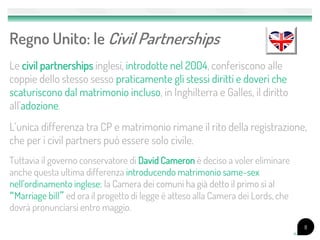 Regno Unito: le Civil Partnerships
Le civil partnerships inglesi, introdotte nel 2004, conferiscono alle
coppie dello stesso sesso praticamente gli stessi diritti e doveri che
scaturiscono dal matrimonio incluso, in Inghilterra e Galles, il diritto
all’adozione.
L’unica differenza tra CP e matrimonio rimane il rito della registrazione,
che per i civil partners può essere solo civile.
Tuttavia il governo conservatore di David Cameron è deciso a voler eliminare
anche questa ultima differenza introducendo matrimonio same-sex
nell’ordinamento inglese: la Camera dei comuni ha già detto il primo sì al
“Marriage bill” ed ora il progetto di legge è atteso alla Camera dei Lords, che
dovrà pronunciarsi entro maggio.
                                                                                  8
 