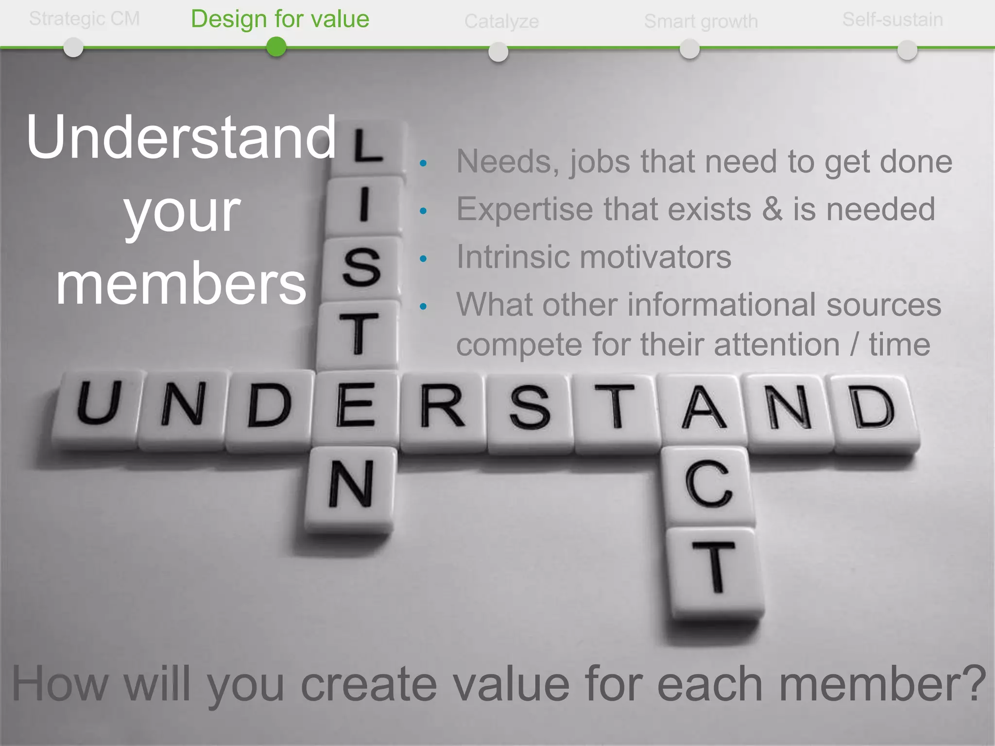 Strategic CM   Design for value       Catalyze   Smart growth   Self-sustain




Understand                        • Needs, jobs that need to get done
   your                           • Expertise that exists & is needed
                                  • Intrinsic motivators
 members                          • What other informational sources
                                    compete for their attention / time




How will you create value for each member?
 