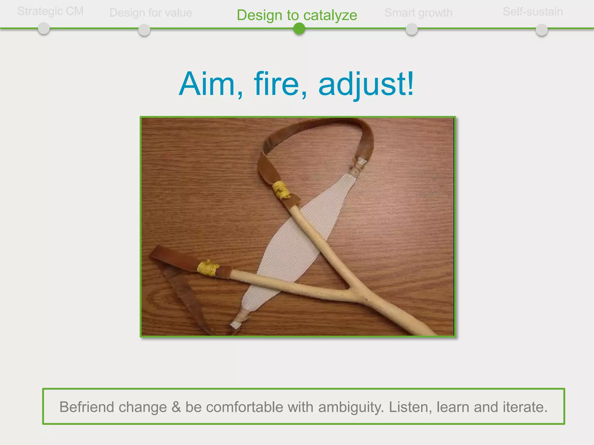 Strategic CM   Design for value   Design to catalyze    Smart growth       Self-sustain




                            Aim, fire, adjust!




       Befriend change & be comfortable with ambiguity. Listen, learn and iterate.
 