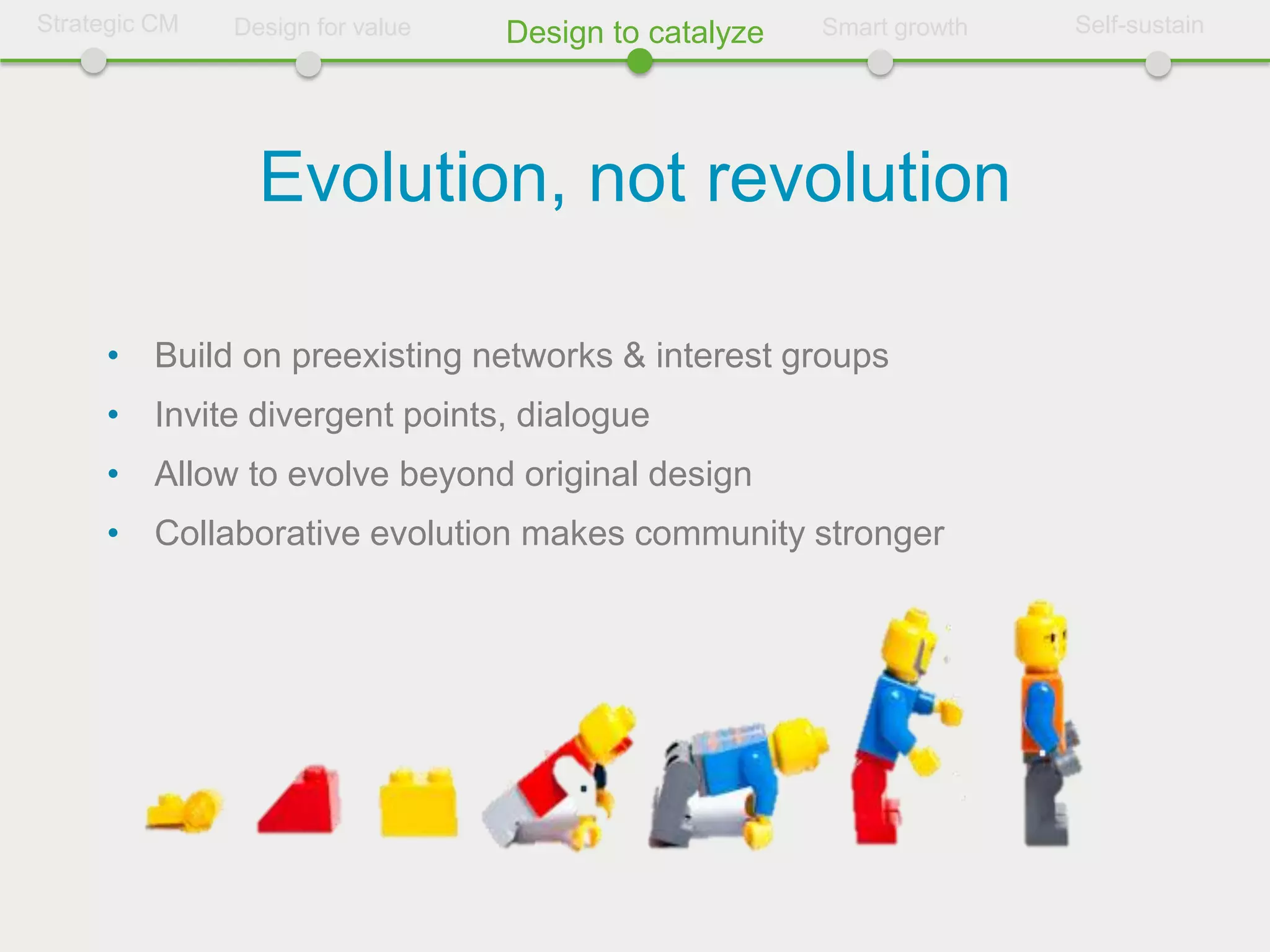 Strategic CM   Design for value   Design to catalyze   Smart growth   Self-sustain




                 Evolution, not revolution

     • Build on preexisting networks & interest groups
     • Invite divergent points, dialogue
     • Allow to evolve beyond original design
     • Collaborative evolution makes community stronger
 