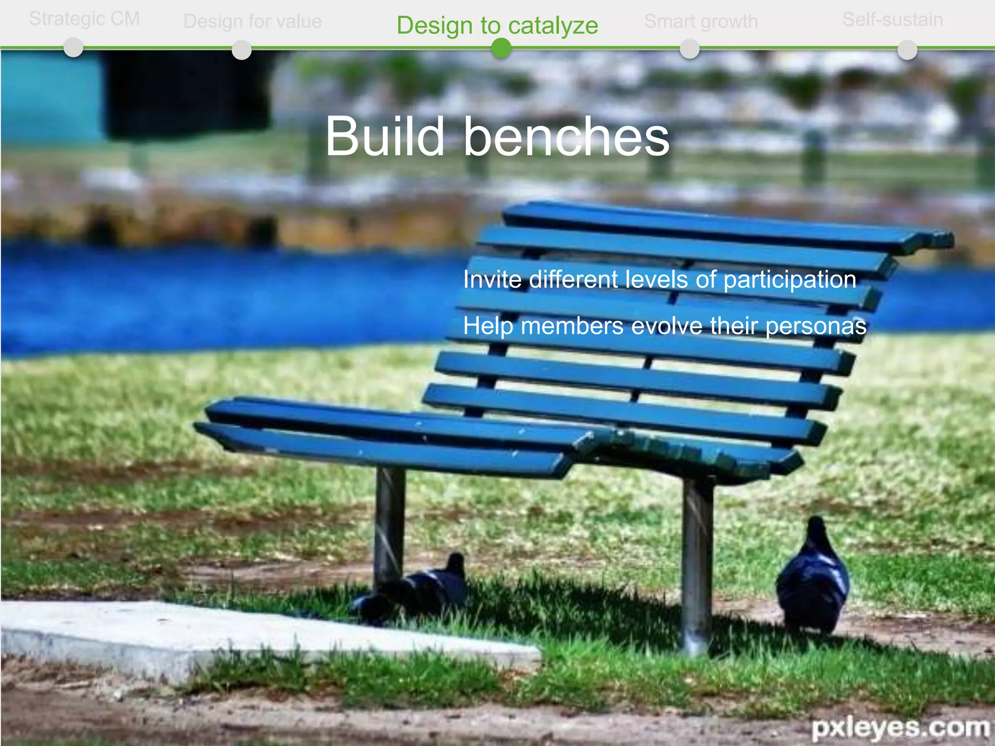 Strategic CM   Design for value     Design to catalyze     Smart growth        Self-sustain




                                  Build benches

                                         Invite different levels of participation
                                         Help members evolve their personas
 