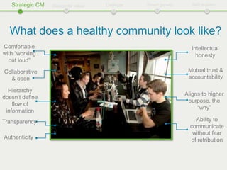 Strategic CM   Design for value   Catalyze   Smart growth      Self-sustain




  What does a healthy community look like?
Comfortable                                                      Intellectual
with “working                                                      honesty
  out loud”

Collaborative                                                   Mutual trust &
  & open                                                        accountability

  Hierarchy
                                                               Aligns to higher
doesn’t define
                                                                purpose, the
    flow of
                                                                    “why”
 information
Transparency                                                       Ability to
                                                                 communicate
                                                                  without fear
Authenticity                                                     of retribution
 
