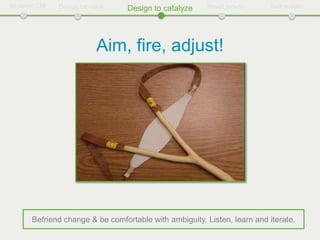 Strategic CM   Design for value   Design to catalyze    Smart growth       Self-sustain




                            Aim, fire, adjust!




       Befriend change & be comfortable with ambiguity. Listen, learn and iterate.
 
