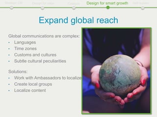 Strategic CM   Design for value   Catalyze   Design for smart growth   Self-sustain




                   Expand global reach
  Global communications are complex:
  • Languages
  • Time zones
  • Customs and cultures
  • Subtle cultural peculiarities


  Solutions:
  • Work with Ambassadors to localize
  • Create local groups
  • Localize content
 