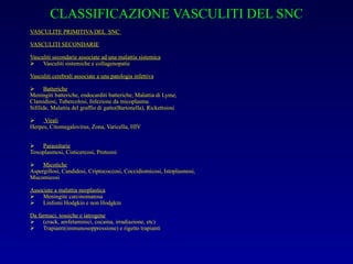 CLASSIFICAZIONE VASCULITI DEL SNC VASCULITE PRIMITIVA DEL  SNC  VASCULITI SECONDARIE Vasculiti secondarie associate ad una malattia sistemica Vasculiti sistemiche e collagenopatie Vasculiti cerebrali associate a una patologia infettiva Batteriche Meningiti batteriche, endocarditi batteriche, Malattia di Lyme, Clamidiosi, Tubercolosi, Infezione da micoplasma Sifilide, Malattia del graffio di gatto(Bartonella), Rickettsiosi Virali Herpes, Citomegalovirus, Zona, Varicella, HIV Parassitarie Toxoplasmosi, Cisticercosi, Protozoi Micotiche Aspergillosi, Candidosi, Criptococcosi, Coccidiomicosi, Istoplasmosi, Mucomicosi Associate a malattia neoplastica Meningite carcinomatosa Linfomi Hodgkin e non Hodgkin Da farmaci, tossiche e iatrogene   (crack, amfetaminici, cocaina, irradiazione, etc) Trapianti(immunosoppressione) e rigetto trapianti 