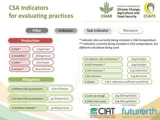 CSA Indicators
for evaluating practices
Δ Yield *
Δ Variability *
Δ Labor *
Δ Income *
Production
Δ Off farm CO2-eq emissions
Δ On farm CO2-eq emissions *
Δ Emissions intensity *
Mitigation
Δ (kg/ha/yr)
ΔSD(kg/ha/yr)
Δ (hr/ha/yr)
Δ(net $/ha/yr)
(LCA CO2eq/yr)
(g CO2eq/m2/yr)
(g CO2eq/m2/yr)
Pillar Sub IndicatorIndicator Measure
Δ C balance: soils and biomass *
Δ N2O emissions *
Δ CH4 emissions *
Δ (g C/m2/yr)
Δ BC emissions
Δ Albedo
Δ (g C/m2/yr)
Δ (g CH4/m2/yr)
Δ (g BC/m2/yr)
Δ (0-1 reflectivity coefficient and W/m2)
Δ Land use change
Δ GHGs from inputs
Δ (g CO2-eq/m2/yr)
Δ (g CO2-eq/m2/yr)
* Indicator also currently being included in CSA Compendium;
** Indicators currently being included in CSA compendium, but
different calculation being used
 