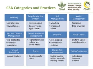 Forestry
• Agroforestry
• Living fences
Crop Production
System
• Intercropping
• Conservation
Agriculture
Soil
Management
• Mulching
• Improved
fallow
Water
Management
• Terracing
• Drip irrigation
CSA Categories and Practices
Fish and
Aquaculture
• Aquasilviculture
Energy
• Bio-digesters for
biogas
Climate Risk
Management
• Meteorological
advisories - early
warning systems
Policies/Institutions
• Index based
insurance
schemes
Pest and Disease
Management
• Bio-pesticides
• Beneficial
organisms
Genetic Resource
Management
• Higher tolerance
to heat and
water stress
Livestock
• Zero Grazing
• Silvopastoral
systems
Value Chains
• On farm value-
added products
 