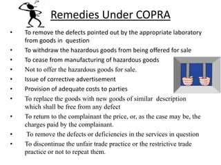 Remedies Under COPRA
• To remove the defects pointed out by the appropriate laboratory
from goods in question
• To withdraw the hazardous goods from being offered for sale
• To cease from manufacturing of hazardous goods
• Not to offer the hazardous goods for sale.
• Issue of corrective advertisement
• Provision of adequate costs to parties
• To replace the goods with new goods of similar description
which shall be free from any defect
• To return to the complainant the price, or, as the case may be, the
charges paid by the complainant.
• To remove the defects or deficiencies in the services in question
• To discontinue the unfair trade practice or the restrictive trade
practice or not to repeat them.
 