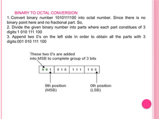 BINARY TO OCTAL CONVERSION
1. Convert binary number 1010111100 into octal number. Since there is no
binary point here and no fractional part. So,
2. Divide the given binary number into parts where each part constitues of 3
digits:1 010 111 100
3. Append two 0’s on the left side In order to obtain all the parts with 3
digits:001 010 111 100
 