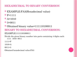 HEXADECIMAL TO BINARY CONVERSION
 EXAMPLE:FA3(Hexadecimal value)
 F=1111
 A=1010
 3=0011
 Obtained binary value=111110100011
BINARY TO HEXADECIMAL CONVERSION:
EXAMPLE:111110100011
Divide the given binary number into parts containing 4 digits each:
1111 1010 0011
1111=F
1010=A
0011=3
Obtained hexadecimal value:FA3
 