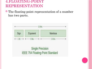 4.FLOATING-POINT
REPRESENTATION
 The floating point representation of a number
has two parts.
 
