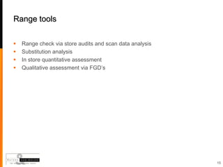 Range tools

   Range check via store audits and scan data analysis
   Substitution analysis
   In store quantitative assessment
   Qualitative assessment via FGD’s




                                                          15
 