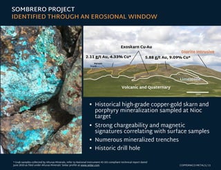 SOMBRERO PROJECT
IDENTIFIED THROUGH AN EROSIONAL WINDOW
COPPERNICO METALS / 11
▪ Historical high-grade copper-gold skarn a...