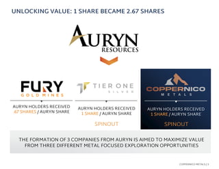UNLOCKING VALUE: 1 SHARE BECAME 2.67 SHARES
COPPERNICO METALS / 3
AURYN HOLDERS RECEIVED
.67 SHARES / AURYN SHARE
AURYN HO...
