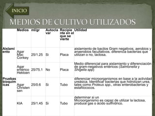 INICIO 
Medios ml/gr Autocla 
var 
Recipie 
nte en el 
que se 
vierte 
Utilidad 
Aislami 
ento Agar 
Mac 
Conkey 
25/1.25 Si Placa 
aislamiento de bacilos Gram negativos, aerobios y 
anaerobios facultativos. diferencia bacterias que 
utilizan o no, lactosa. 
Agar 
entérico 
Hektoen 
25/75.1 No Placa 
Medio diferencial para aislamiento y diferenciación 
de gram-negativos entéricos (Salmonella y 
Shigella spp) 
Pruebas 
bioquím 
icas Agar 
Christen 
sen 
25/0.6 Si Tubo 
diferenciar microorganismos en base a la actividad 
ureásica. Identificar bacterias que hidrolizan urea, 
tales como Proteus spp., otras enterobacterias y 
estafilococos. 
KIA 25/1.45 Si Tubo 
determinar si un 
Microorganismo es capaz de utilizar la lactosa, 
produce gas o ácido sulfhídrico. 
 