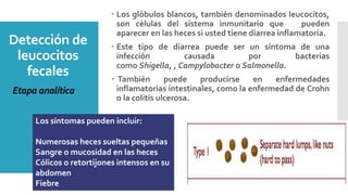 Detección de
leucocitos
fecales
 Los glóbulos blancos, también denominados leucocitos,
son células del sistema inmunitario que pueden
aparecer en las heces si usted tiene diarrea inflamatoria.
 Este tipo de diarrea puede ser un síntoma de una
infección causada por bacterias
como Shigella, , Campylobacter o Salmonella.
 También puede producirse en enfermedades
inflamatorias intestinales, como la enfermedad de Crohn
o la colitis ulcerosa.
Etapa analítica
Los síntomas pueden incluir:
Numerosas heces sueltas pequeñas
Sangre o mucosidad en las heces
Cólicos o retortijones intensos en su
abdomen
Fiebre
 