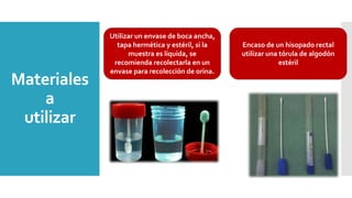 Materiales
a
utilizar
Utilizar un envase de boca ancha,
tapa hermética y estéril, si la
muestra es líquida, se
recomienda recolectarla en un
envase para recolección de orina.
Encaso de un hisopado rectal
utilizar una tórula de algodón
estéril
 