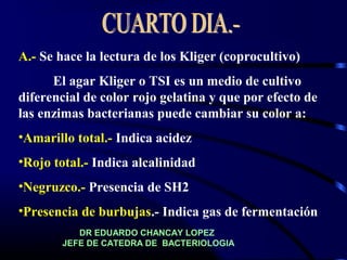 A.- Se hace la lectura de los Kliger (coprocultivo)
El agar Kliger o TSI es un medio de cultivo
diferencial de color rojo gelatina y que por efecto de
las enzimas bacterianas puede cambiar su color a:
•Amarillo total.- Indica acidez
•Rojo total.- Indica alcalinidad
•Negruzco.- Presencia de SH2
•Presencia de burbujas.- Indica gas de fermentación
DR EDUARDO CHANCAY LOPEZ
JEFE DE CATEDRA DE BACTERIOLOGIA
 