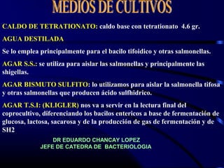 CALDO DE TETRATIONATO: caldo base con tetrationato 4.6 gr.
AGUA DESTILADA
Se lo emplea principalmente para el bacilo tifoidico y otras salmonellas.
AGAR S.S.: se utiliza para aislar las salmonellas y principalmente las
shigellas.
AGAR BISMUTO SULFITO: lo utilizamos para aislar la salmonella tifosa
y otras salmonellas que producen ácido sulfhidrico.
AGAR T.S.I: (KLIGLER) nos va a servir en la lectura final del
coprocultivo, diferenciando los bacilos entericos a base de fermentación de
glucosa, lactosa, sacarosa y de la producción de gas de fermentación y de
SH2
DR EDUARDO CHANCAY LOPEZ
JEFE DE CATEDRA DE BACTERIOLOGIA
 