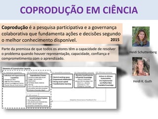 COPRODUÇÃO EM CIÊNCIA
Coprodução é a pesquisa participativa e a governança
colaborativa que fundamenta ações e decisões segundo
o melhor conhecimento disponível. 2015
Parte da premissa de que todos os atores têm a capacidade de resolver
o problema quando houver representação, capacidade, confiança e
comprometimento com o aprendizado.
Heidi Schuttenberg
Heidi K. Guth
 