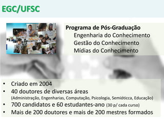 EGC/UFSC
Programa de Pós-Graduação
Engenharia do Conhecimento
Gestão do Conhecimento
Mídias do Conhecimento
• Criado em 2004
• 40 doutores de diversas áreas
(Administração, Engenharias, Computação, Psicologia, Semióticca, Educação)
• 700 candidatos e 60 estudantes-ano (30 p/ cada curso)
• Mais de 200 doutores e mais de 200 mestres formados
 
