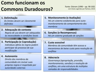 Como funcionam os
Commons Duradouros?
1. Delimitação
Os limites devem ser claramente
definidos
2. Adequação de contexto
Regras de uso devem ser adequadas
às necessidades e condições locais
3. Participação (e Coprodução)
Indivíduos afetos às regras podem
participar do processo de sua
modificação
4. Autonomia
Direito dos membros da
comunidade em revisar suas
próprias regras é respeitado por
autoridades externas
5. Monitoramento (e Avaliação)
Há um sistema estabelecido para auto-
monitoramento do comportamento dos
membros
6. Sanções (e Recompensas)
Há um sistema graduado de sanções
7. Custo acessível
Membros da comunidade têm acesso a
mecanismos de baixo custo para resolução de
conflitos
8. Adocracia
Governança (apropriação, provisão,
monitoramento, sansões) e resolução de
conflitos, em uma estrutura de múltiplas
camadas de responsabilidades.
Fonte: Ostrom (1990 – pp. 90-102)
com títulos sugeridos por Pacheco, 2014)
 