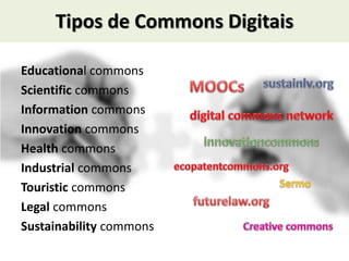 Tipos de Commons Digitais
Educational commons
Scientific commons
Information commons
Innovation commons
Health commons
Industrial commons
Touristic commons
Legal commons
Sustainability commons
 