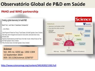 Observatório Global de P&D em Saúde
http://www.sciencemag.org/content/345/6202/1302.full
PAHO and WHO partnership
Science
Vol. 345 no. 6202 pp. 1302-1304
12 September 2014
DOI: 10.1126/science.1258737
 