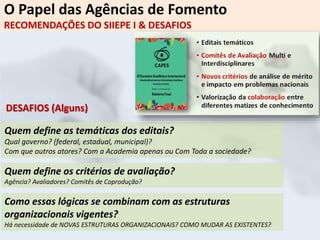 O Papel das Agências de Fomento
RECOMENDAÇÕES DO SIIEPE I & DESAFIOS
Quem define as temáticas dos editais?
Qual governo? (federal, estadual, municipal)?
Com que outros atores? Com a Academia apenas ou Com Toda a sociedade?
DESAFIOS (Alguns)
Quem define os critérios de avaliação?
Agência? Avaliadores? Comitês de Coprodução?
Como essas lógicas se combinam com as estruturas
organizacionais vigentes?
Há necessidade de NOVAS ESTRUTURAS ORGANIZACIONAIS? COMO MUDAR AS EXISTENTES?
 