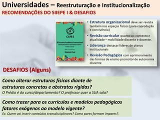 Universidades – Reestruturação e Institucionalização
RECOMENDAÇÕES DO SIIEPE I & DESAFIOS
Como alterar estruturas físicas diante de
estruturas concretas e abstratas rígidas?
O Prédio é do curso/departamento? O professor quer a SUA sala?
DESAFIOS (Alguns)
Como trazer para os currículos e modelos pedagógicos
fatores exógenos ao modelo vigente?
Ex. Quem vai inserir conteúdos transdisciplinares? Como pares formam ímpares?.
 