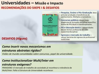 Universidades – Missão e Impacto
RECOMENDAÇÕES DO SIIEPE I & DESAFIOS
Como inserir novos mecanismos em
estruturas abstratas rígidas?
Visões de mundo consolidadas sobre concursos, papel da universidade.
DESAFIOS (Alguns)
Como institucionalizar Multi/Inter em
estruturas exógenas?
PARADOXO: O mercado de trabalho da sociedade já reconhece a relevância da
Multi/Inter. Falta a Estrutura da Universidade reconhecer.
 