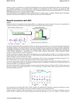 BOLETIN 64                                                                                                                       Página 20 de 27



trámite se estará a lo dispuesto en el Capítulo III del Reglamento de Aumento del Capital Suscrito dentro del Autorizado en
las Compañías Anónimas y de Economía Mixta contenido en la Resolución No. 99.1.1.3.06 de 2 de agosto de 1999,
publicada en la R.O. 252 de 11 de los mismos mes y año, reformada mediante Resolución No.00.Q.IJ.006 de 17 de abril del
2000, publicada en el R. O. 65 de 26 de abril del 2000.
Si la junta general de una compañía acordare modificaciones en el objeto social, se requiere informes previos favorables,
afiliación a la Cámara de la Producción y otros aspectos derivados de dicha modificación.




Reporte económico abril 2001
Inflación
El Indice de Precios al consumidor del Area Urbana (IPCU), es un indicador que mide la evolución de los precios correspondientes al
conjunto de artículos que conforman la Canasta Básica Familiar de los hogares del área urbana del país.
  Inf laci ó n mensual, acumulad a y anual                                 C anast a F amil iar B ásica
                                                                 ( I ng r eso f r ent e al co st o d e la C F B )
                                                                                              288.45
         78.69
                                                       300                    200.73
                      67.15         58.78
                    ECONOMIA
                           46.6                        200

                                                       100

                                    12.5       14.4         0
                     10.08                                                                         -87.72
       6.39                         2.19        1.72
                     2.91                              -100
                                                                                          1




                                                                  ingreso f amiliar      Costo CFB      Rest ricción
         mensual        acumulado           anual


Los artículos seleccionados para la investigación del IPCU son aquellos más representativos en el consumo de los hogares del ámbito de
investigación definido y cuya especificación ha sido descrita convenientemente, de tal forma que los precios observados regularmente
correspondan exactamente a los mismos artículos y a las mismas unidades de medida establecidas en la investigación para el período base
comprendido entre Septiembre de 1.994 y Agosto 1.995. (Alimentos, bebidas y tabaco; Vestido y calzado; Alquiler, agua, electricidad, gas
y otros; Muebles, equipamiento y mantenimiento de la vivienda; Salud; Transporte; Esparcimiento y cultura; Educación; Hoteles,
cafeterías y restaurantes; Bienes y servicios misceláneos)
El Indice de Precios al Consumidor Urbano (IPCU) correspondiente al mes de abril de 2001 fue de 980,7. Si se lo compara con el Indice
del mes anterior (964,1) la inflación mensual es de 1,7%, frente al Indice de abril de 2000 (669,2) la inflación anual asciende al 46,5%; en
cambio, la inflación en lo que va del año es de (14,4)%.
Hasta abril de 2001 el Indice de la Costa llegó a 1006,2 y el de la Sierra a 953,2. Con ello, se ha producido una inflación mensual de 2,7% y
0,6%, respectivamente. La Costa aportó a la inflación nacional de abril en un 82% y la Sierra en un 18%.
El costo de la canasta básica se ubicó en US$ 288.45 y la canasta vital en US$ 218.84 para un promedio de 4 miembros de familia, por lo
cual, con un ingreso de una familia con 1,6 perceptores del salario mínimo vital (SMVG), la restricción de una familia tipo frente a la
primera fue de US$87.72 y la segunda de US$ 18.11.
En el mes de Abril del 2001, en términos mensuales, la variación general del Indice de Precios al Productor IPP (1.34 %) fue menor que la
del Indice de Precios al Consumidor Urbano IPCU (1.72 %); en tanto que, en términos anuales, dicha variación del IPP (13.69 %) fue
menor que la del IPCU (46.55 %).

                                                                                 T asas d e i nt er és
                                                       18                                     16.35 16.35
                                                                                15.66 14.52                              16.14
                                                       16                                                        14.87
                                                                13.96 14.27
                                                       14
                                                       12
                                                       10                                7.7
                                                                7.45 7.66       7.2              7.16   7.16     7.19    7.18
                                                        8
                                                        6
                                                        4        5.27
                                                                        4.5    4.25       4.4           5.0
                                                        2                                        4.0              3.55    3.5
                                                        0
                                                                sep     oct     nov       dic    ene     f eb     mar     abr

                                                                        Int erbancaria                        Básica
                                                                        Pasiva                                Act iva

Con la formación de estos Indices (IPP e IPCU) el INEC coadyuva a la explicación de la naturaleza y dinámica de la Inflación en el país,
fenómeno económico que se manifiesta a través de un incremento incesante en el nivel general de precios.
El Indice de Precios al Productor (IPP) correspondiente al mes de Abril del 2001 es de 1217.93; si este índice es comparado con el mes
anterior 1201.80 se establece que los precios al productor de bienes han aumentado en (1.34 %); en cambio, si el mismo índice es




www.elcontador.com.ec
 