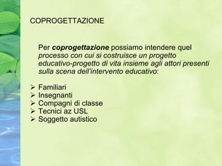 COPROGETTAZIONE


    Per coprogettazione possiamo intendere quel
    processo con cui si costruisce un progetto
    educativo-progetto di vita insieme agli attori presenti
    sulla scena dell’intervento educativo:

   Familiari
   Insegnanti
   Compagni di classe
   Tecnici az USL
   Soggetto autistico
 