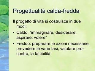 Progettualità calda-fredda
Il progetto di vita si costruisce in due
   modi:
• Caldo: “immaginare, desiderare,
   aspirare, volere”
• Freddo: preparare le azioni necessarie,
   prevedere le varie fasi, valutare pro-
   contro, la fattibilità
 