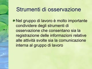 Strumenti di osservazione
Nel gruppo di lavoro è molto importante
condividere degli strumenti di
osservazione che consentano sia la
registrazione delle informazioni relative
alle attività svolte sia la comunicazione
interna al gruppo di lavoro
 