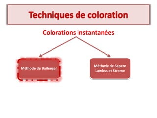 Colorations instantanées
Méthode de Bailenger
Méthode de Sapero
Lawless et Strome
 