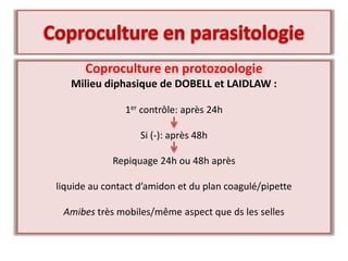 Coproculture en protozoologie
Milieu diphasique de DOBELL et LAIDLAW :
1er contrôle: après 24h
Si (-): après 48h
Repiquage 24h ou 48h après
liquide au contact d’amidon et du plan coagulé/pipette
Amibes très mobiles/même aspect que ds les selles
 