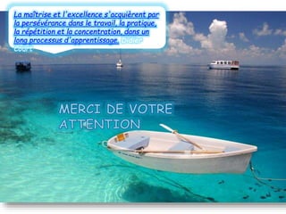 La maîtrise et l'excellence s'acquièrent par
la persévérance dans le travail, la pratique,
la répétition et la concentration, dans un
long processus d'apprentissage. Didier
Court
 