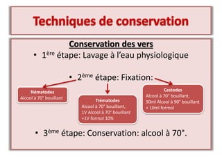 Conservation des vers
• 1ère étape: Lavage à l’eau physiologique
• 2ème étape: Fixation:
• 3ème étape: Conservation: alcool à 70°.
Nématodes
Alcool à 70° bouillant
Trématodes
Alcool à 70° bouillant,
1V Alcool à 70° bouillant
+1V formol 10%
Cestodes
Alcool à 70° bouillant,
90ml Alcool à 90° bouillant
+ 10ml formol
 