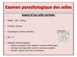 Aspect d’une selle normale:
• Poids: 110 – 150 g ;
• Couleur: brune ;
• Consistance: ferme moulée ;
• ph ≈ 7 ;
• Examen microscopique:
– Fibres musculaires bien digérées =corps de Nothnagel ;
– Cellulose non digestible =poils et vaisseaux spiralés ;
– Amidon: régime est riche en féculents.
 