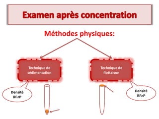 Méthodes physiques:
Technique de
sédimentation
Technique de
flottaison
Densité
RF<P
Densité
RF>P
&
 