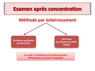 Méthode par éclaircissement
Technique qualitative
de KATO-KATZ
Technique
quantitative de KATO-
MIURA
Les œufs d’ helminthes particulièrement des
Schistosomes et larves d’ Anguillule
 