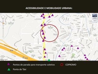 ACESSIBILIDADE E MOBILIDADE URBANA:

Pontos de parada para transporte coletivo
Ponto de Táxi

COPROMO

 