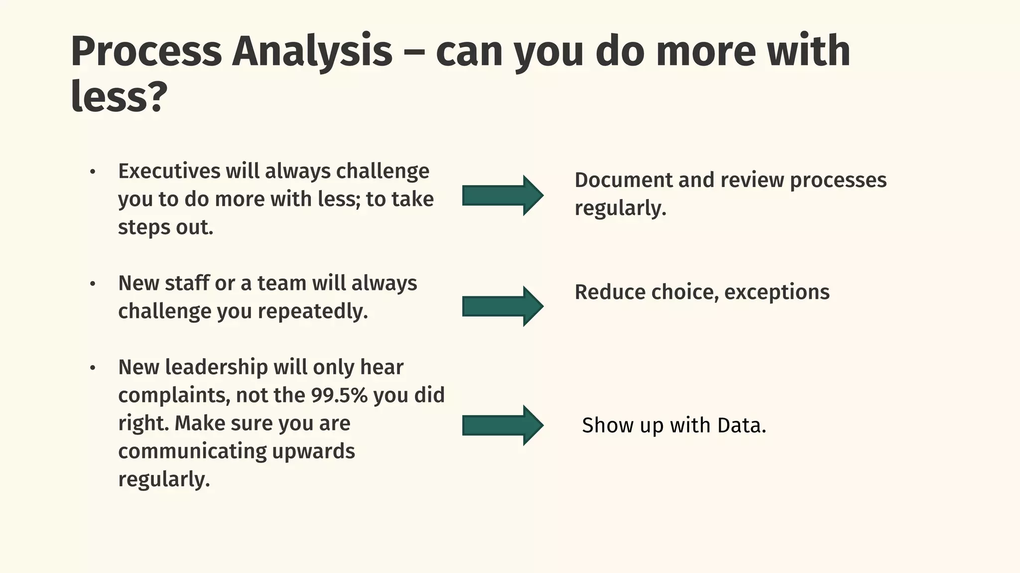 Process Analysis – can you do more with
less?
• Executives will always challenge
you to do more with less; to take
steps out.
• New staff or a team will always
challenge you repeatedly.
• New leadership will only hear
complaints, not the 99.5% you did
right. Make sure you are
communicating upwards
regularly.
Document and review processes
regularly.
Reduce choice, exceptions
Show up with Data.
 