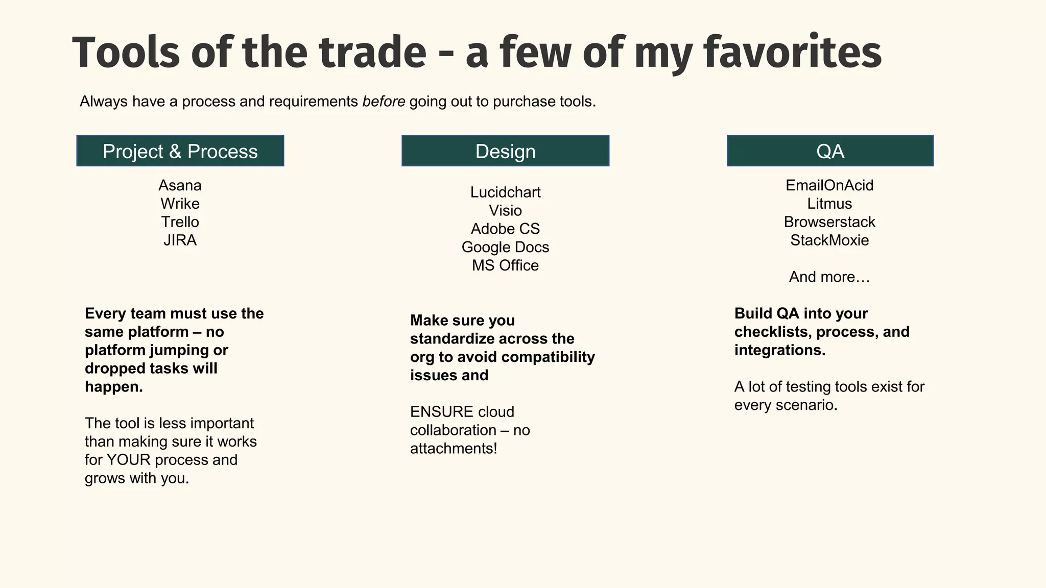 Tools of the trade - a few of my favorites
Project & Process Design QA
Asana
Wrike
Trello
JIRA
Every team must use the
same platform – no
platform jumping or
dropped tasks will
happen.
The tool is less important
than making sure it works
for YOUR process and
grows with you.
Lucidchart
Visio
Adobe CS
Google Docs
MS Office
Make sure you
standardize across the
org to avoid compatibility
issues and
ENSURE cloud
collaboration – no
attachments!
EmailOnAcid
Litmus
Browserstack
StackMoxie
And more…
Build QA into your
checklists, process, and
integrations.
A lot of testing tools exist for
every scenario.
Always have a process and requirements before going out to purchase tools.
 