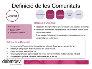 Definici ó de les Comunitats Vinternet Promoci ó Comercialitzaci ó Nous Consumidors Qualitat Del vi Territori Resposta a Objectius: Necessitat d’incrementar la presència dels vins catalans a internet Necessitat de fomentar internet com a via directa de relació entre consumidor i celler Crear espais d’intercanvi d’experiències i de coneixements per enriquir el propi sector del vi Participants Sector del Vi Experts en Internet Activitat de la Comunitat Incrementar la Presencia de vins catalans a Internet- Crear xarxes socials del Vi Dissenyar campanyes de Comunicació als social media Posar en marxa www.vadevi.cat Organitzar premis de Comunicació del vi que incloguin mitjans tradicionals i de Internet Elaborar una guía de recursos de internet per al sector 