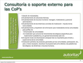 Consultoría o soporte externo para
las CoP’s
23
1.Estudio de necesidades.
2.El planteamiento de soluciones técnicas.
3.El planteamiento de recursos humanos: managers, moderadores y personal
administrativo.
4.El planteamiento de las dinámicas concretas de moderación - impulso de las
Comunidades.
5.El planteamiento y impartición de la formación para moderadores de las comunidades
para perfiles de:
1.Dinamizador de comunidades
2.e-moderador que conozca las herramientas tecnológicas (específicas para
implementar la plataforma y en general herramientas web 2.0)
6.El soporte inicial a la dinamización (empezar bien es importante para el éxito y
supervivencia de la comunidad)
7.Evaluación periódica de productos generados por las comunidades, participación, etc.,
para, si fuera necesario, reconducir el proyecto tanto el lo referido a las plataformas
tecnológicas, las dinámicas o recursos humanos.
TAREASYOBJETIVOSDEUNA
EMPRESADESOPORTEPARA
LAREALIZACIÓNDECoPs
jueves 25 de noviembre de 2010
 