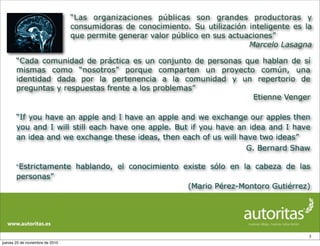 “Las organizaciones públicas son grandes productoras y
consumidoras de conocimiento. Su utilización inteligente es la
que permite generar valor público en sus actuaciones”
Marcelo Lasagna
3
“Cada comunidad de práctica es un conjunto de personas que hablan de sí
mismas como “nosotros” porque comparten un proyecto común, una
identidad dada por la pertenencia a la comunidad y un repertorio de
preguntas y respuestas frente a los problemas”
Etienne Venger
“If you have an apple and I have an apple and we exchange our apples then
you and I will still each have one apple. But if you have an idea and I have
an idea and we exchange these ideas, then each of us will have two ideas”
G. Bernard Shaw
“Estrictamente hablando, el conocimiento existe sólo en la cabeza de las
personas”
(Mario Pérez-Montoro Gutiérrez)
jueves 25 de noviembre de 2010
 